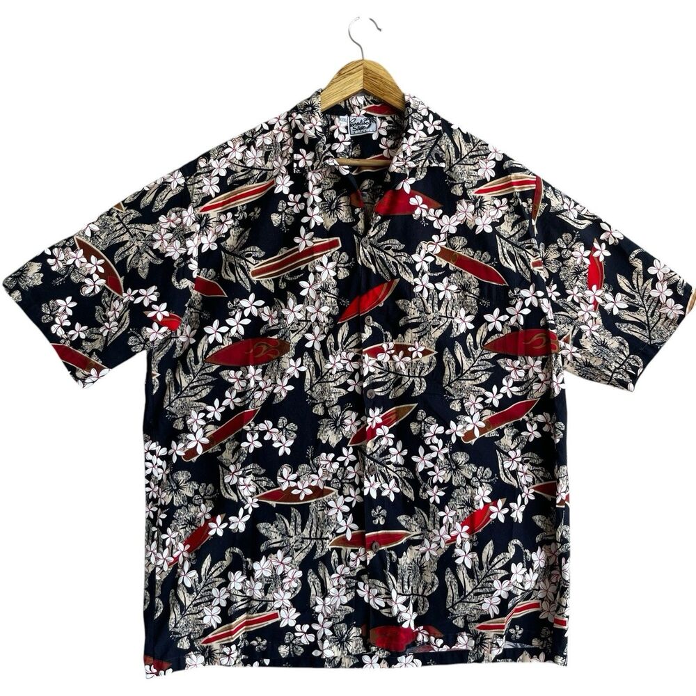 Vtg PARADISE STYLE Floral Surfboard Hawaiian Shirt Men's 3XL Black Short Sleeve